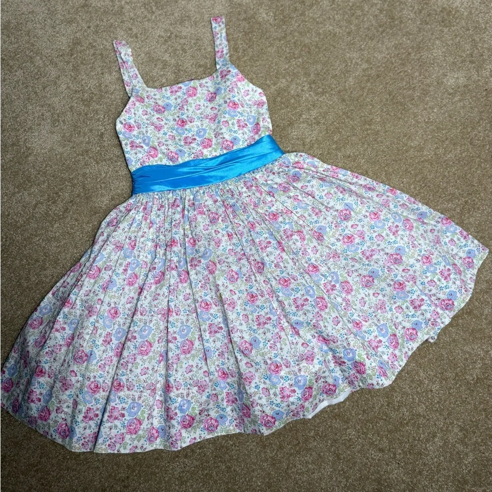 Girl’s Handmade‎ Floral Dress with Blue Bow, | Vintage Aesthetic | Size 5